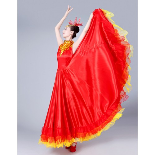 Red gold flamenco dance dresses women's female competition stage performance chorus host Spanish bull dancing dresses costumes